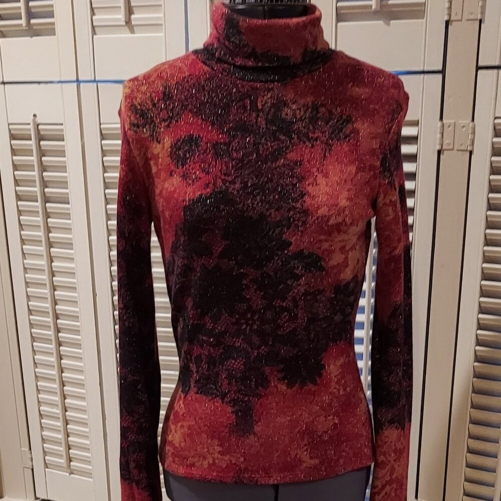 Cache Gold Sparkled Red, Gold & Black Turtleneck Top Size Large